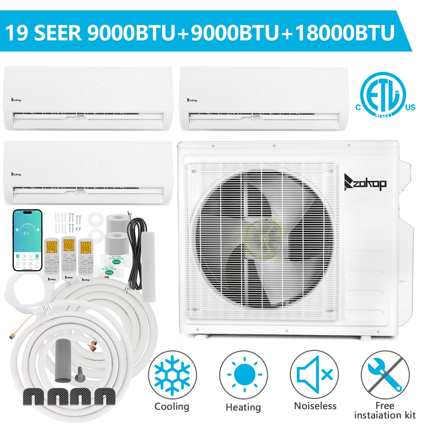 ZOKOP 3 Zone 9000 + 9000 + 18000 BTU WIFI Mini Split AC/Heating System 208-230V