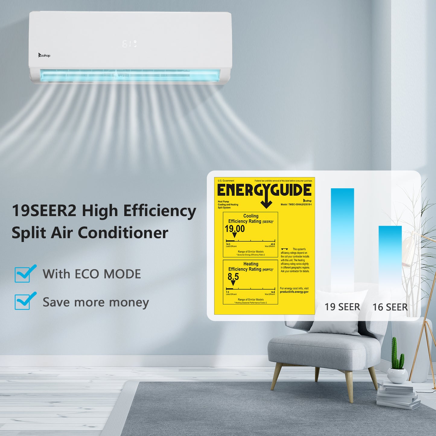ZOKOP 3 Zone 9000 + 9000 + 18000 BTU WIFI Mini Split AC/Heating System 208-230V