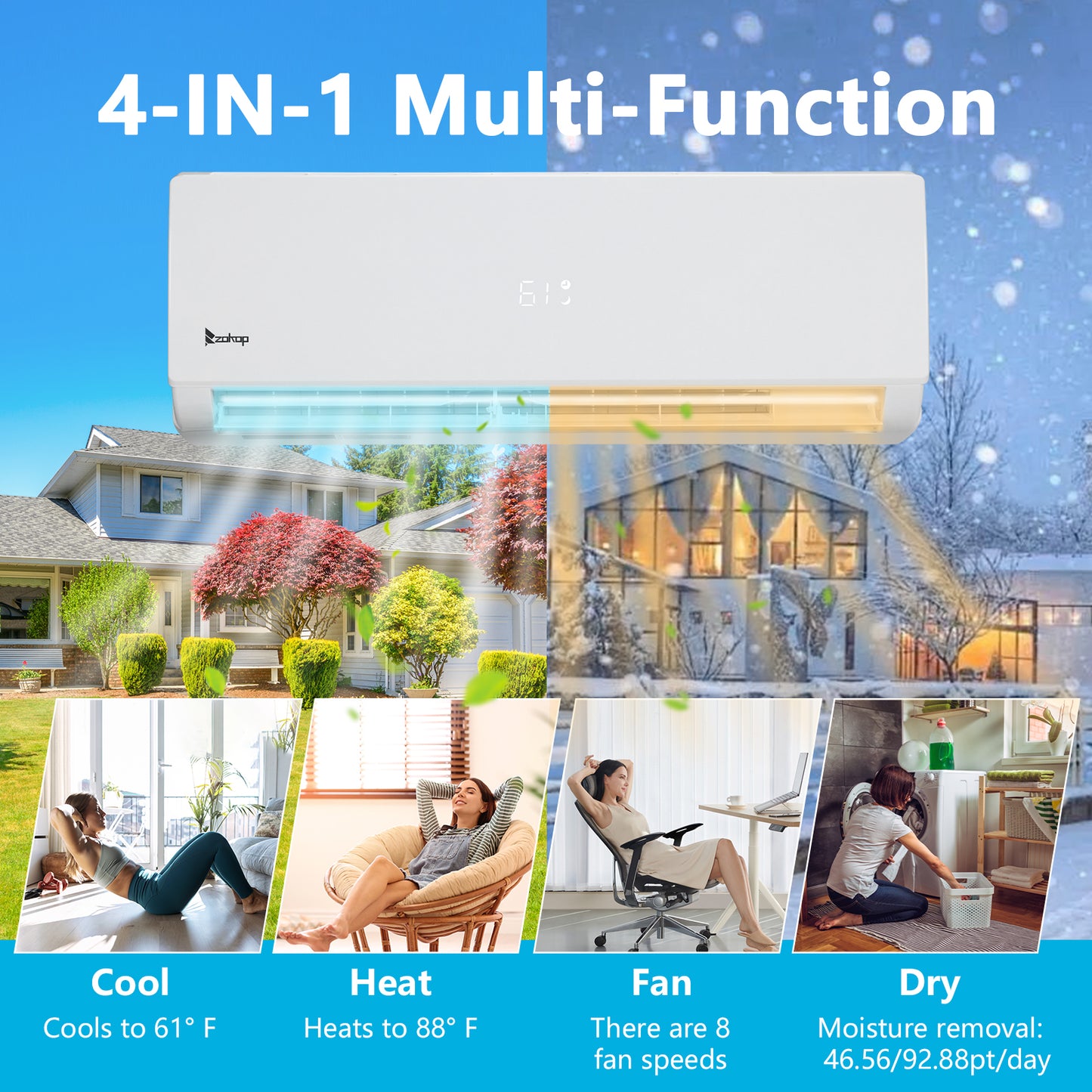 ZOKOP 3 Zone 9000 + 9000 + 18000 BTU WIFI Mini Split AC/Heating System 208-230V