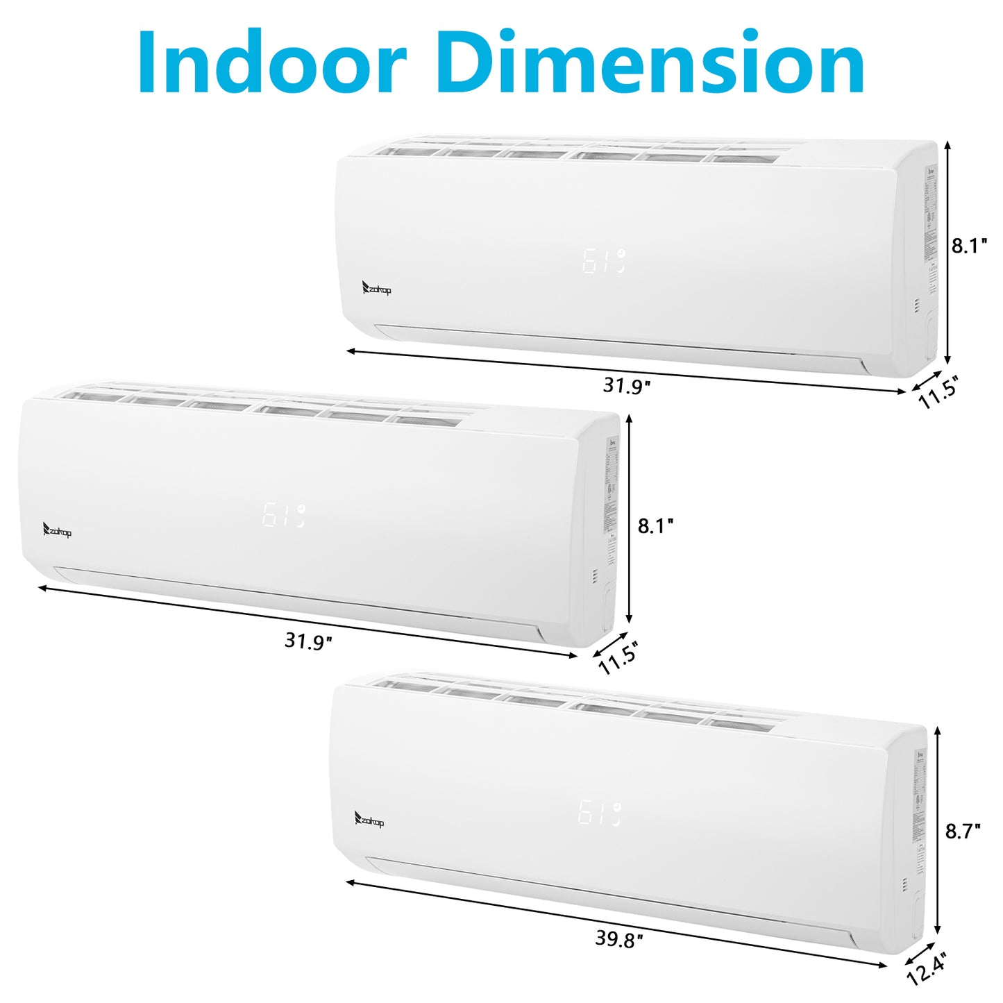 ZOKOP 3 Zone 9000 + 9000 + 18000 BTU WIFI Mini Split AC/Heating System 208-230V