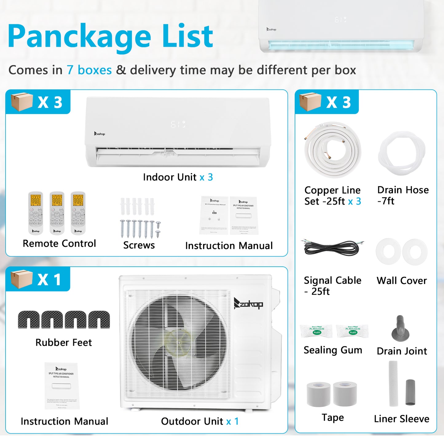 ZOKOP 3 Zone 9000 + 9000 + 18000 BTU WIFI Mini Split AC/Heating System 208-230V