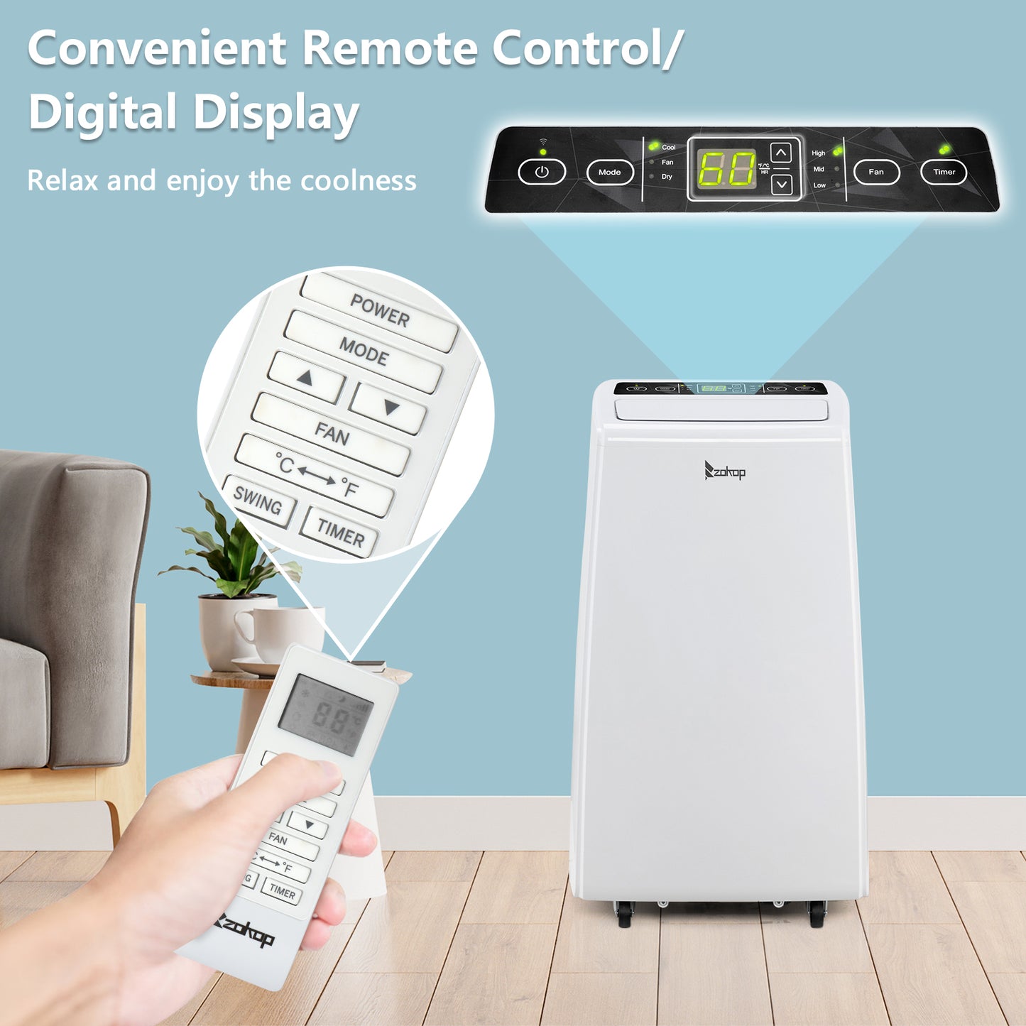 ZOKOP Smart WiFi Enabled 8250BTU (12000BTU ASHRAE) Portable Air Conditioner & Dehumidifier Function