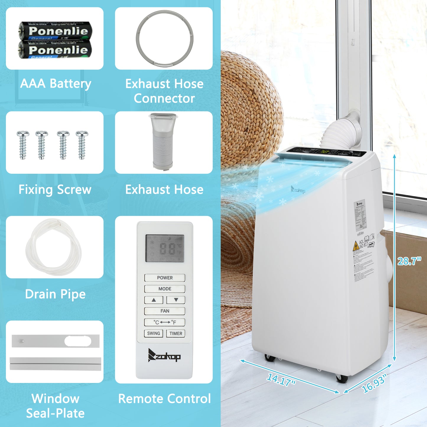 ZOKOP Smart WiFi Enabled 8800BTU (13000BTU ASHRAE) Portable Air Conditioner & Dehumidifier