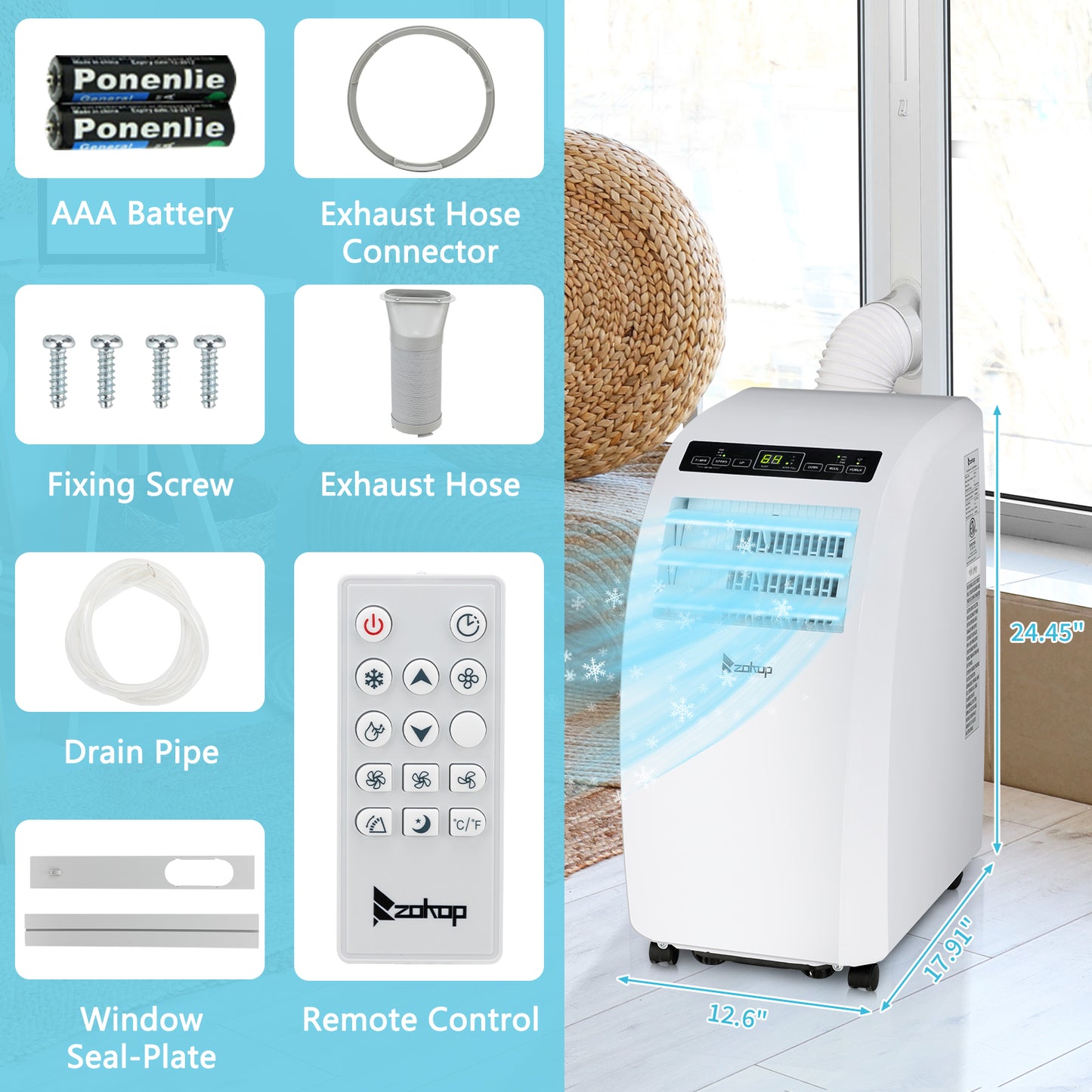 ZOKOP Smart WiFi Enabled 7760BTU (12000 BTU ASHRAE) Portable Air Conditioner & Dehumidifier